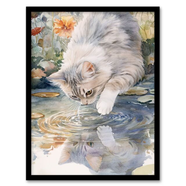 "Artery8 Cat Lover Cute Kitten Pond Lake Watercolour Framed Art Print - Size: W12"" x H16""" - image 1