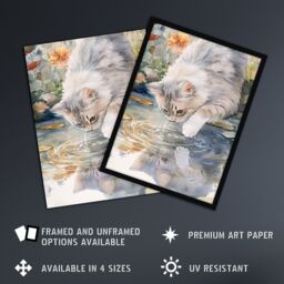 "Artery8 Cat Lover Cute Kitten Pond Lake Watercolour Framed Art Print - Size: W12"" x H16""" - thumbnail 2