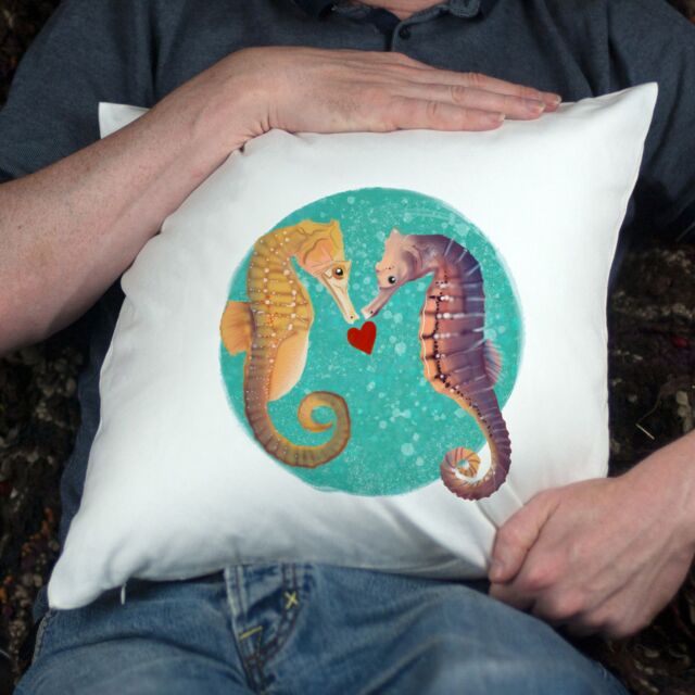 Afewhometruths Engagement Gift - Mates for Life Couple's Seahorse Love Cushion - Anniversary, Wedding Gift in Off-White - Size: 40 cm x 40 cm - image 1