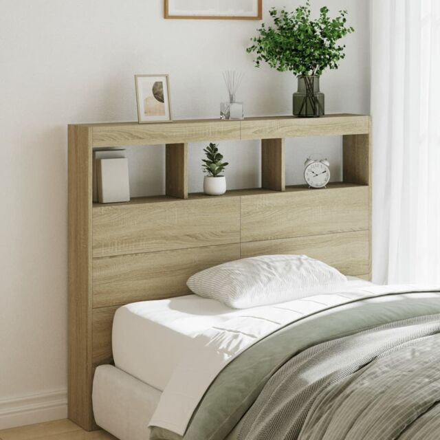 Berkfield Home Headboard Cabinet with LED Sonoma Oak 120x17x102 cm in Brown - Size: 120 x 17 x 102 cm - image 1