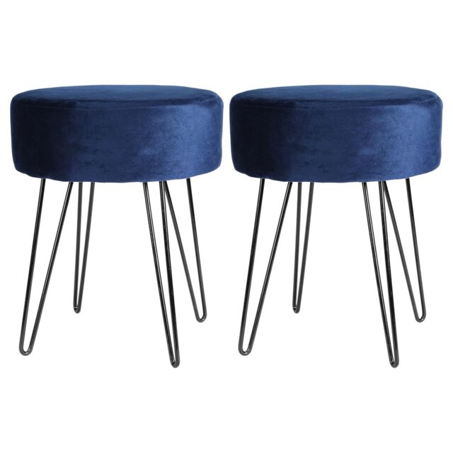 Harbour Housewares Round Velvet Footstools - H40 x D35cm - Black Hairpin Legs - Pack of 2 in Blue - image 1