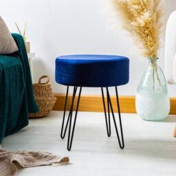Harbour Housewares Round Velvet Footstools - H40 x D35cm - Black Hairpin Legs - Pack of 2 in Blue - thumbnail 2