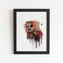 "Warren Reed - Designer Tawny Owl Face Splashart Light Background Framed Art Print in Black - Size: W20"" x H30""" - thumbnail 1