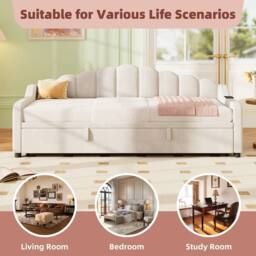 BTM 3ft Single Daybed with Pull-Out Trundle, Velvet & Storage Pockets in Beige - thumbnail 8