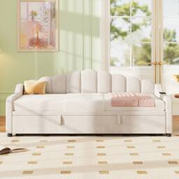 BTM 3ft Single Daybed with Pull-Out Trundle, Velvet & Storage Pockets in Beige - thumbnail 5