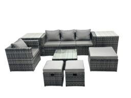 Fimous 7 Seater Patio Lounge Sofa Set with 2 Side Tables 3 Footstools in Dark Grey - thumbnail 1