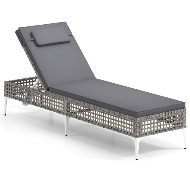 Costway Rattan Sun Lounger 6-Level Adjustable Garden Chaise Lounge Chair in Grey - image 1