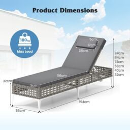 Costway Rattan Sun Lounger 6-Level Adjustable Garden Chaise Lounge Chair in Grey - thumbnail 2