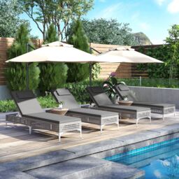 Costway Rattan Sun Lounger 6-Level Adjustable Garden Chaise Lounge Chair in Grey - thumbnail 5