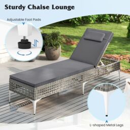 Costway Rattan Sun Lounger 6-Level Adjustable Garden Chaise Lounge Chair in Grey - thumbnail 9