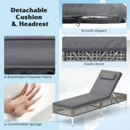 Costway Rattan Sun Lounger 6-Level Adjustable Garden Chaise Lounge Chair in Grey - thumbnail 8