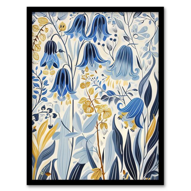 "Artery8 Bluebells in Bloom Botanical Painting Ochre Blue Framed Art Print - Size: W12"" x H16""" - image 1