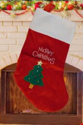 Neel Blue Red Velvet Christmas Stocking with Embroidered Xmas Tree & Merry Christmas Design - thumbnail 3