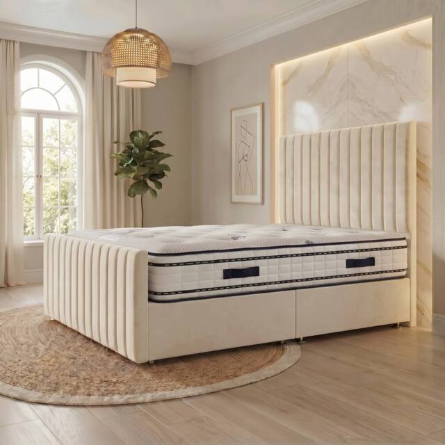 "Somnior Eleanor Velvet Divan Bed Mattress No Draw 54"" Headboard 22"" Footboard in Ivory - Size: King" - image 1