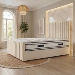 "Somnior Eleanor Velvet Divan Bed Mattress No Draw 54"" Headboard 22"" Footboard in Ivory - Size: King"