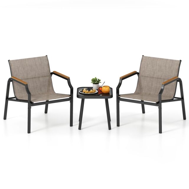 Costway 3 Piece Outdoor Chair Set Metal Frame Armchair & Table Set in Brown - image 1