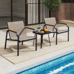 Costway 3 Piece Outdoor Chair Set Metal Frame Armchair & Table Set in Brown - thumbnail 4