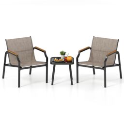Costway 3 Piece Outdoor Chair Set Metal Frame Armchair & Table Set in Brown - thumbnail 1