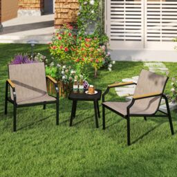 Costway 3 Piece Outdoor Chair Set Metal Frame Armchair & Table Set in Brown - thumbnail 5
