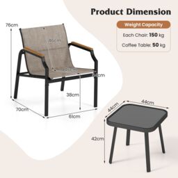 Costway 3 Piece Outdoor Chair Set Metal Frame Armchair & Table Set in Brown - thumbnail 2