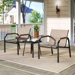 Costway 3 Piece Outdoor Chair Set Metal Frame Armchair & Table Set in Brown - thumbnail 3