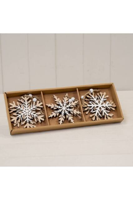 KDMD Set of 6 Natural & White Wooden Hanging Snowflake in Brown - image 1