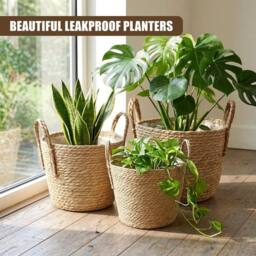 KORVIXA Wicker Plant Pots with Handles 3Pc in Brown - thumbnail 4