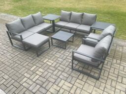Fimous Aluminium Patio Outdoor Garden Furniture Lounge Sofa Set with Square Coffee Table 2 Chairs Big Footstool 2 Side Tables Dark Grey - thumbnail 1