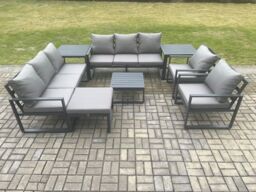 Fimous Aluminium Patio Outdoor Garden Furniture Lounge Sofa Set with Square Coffee Table 2 Chairs Big Footstool 2 Side Tables Dark Grey - thumbnail 2