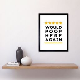 "Artery8 Wall Art Print Funny Bathroom Review Sign Five Stars Would Poop Here Again Funny Toilet Decor Art Framed in Black - Size: W12"" x H16""" - thumbnail 2