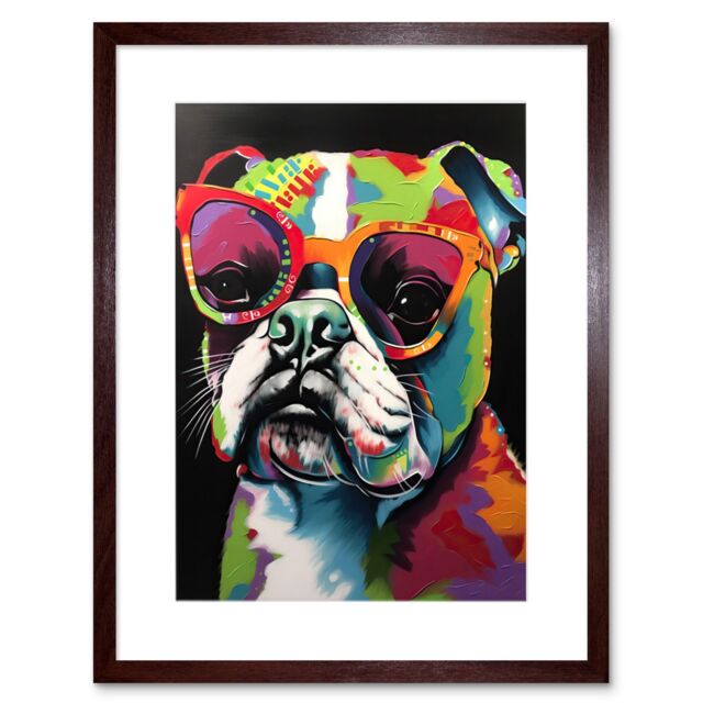 "Artery8 Wall Art Print Rainbow Colour English Bulldog Puppy in Sunglasses Artwork Framed 9X7 Inch in Brown - Size: W7"" x H9""" - image 1