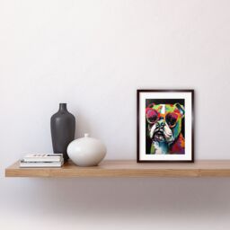 "Artery8 Wall Art Print Rainbow Colour English Bulldog Puppy in Sunglasses Artwork Framed 9X7 Inch in Brown - Size: W7"" x H9""" - thumbnail 2
