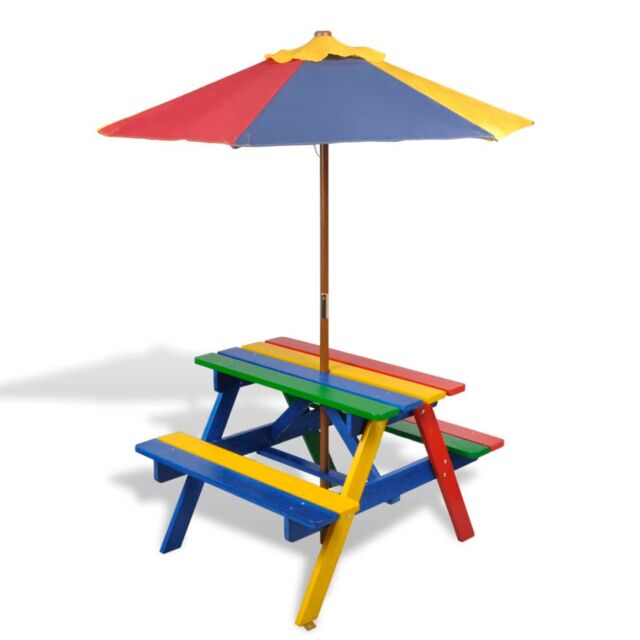 Berkfield Home Kids' Picnic Table with Benches & Parasol Multicolour Wood - image 1