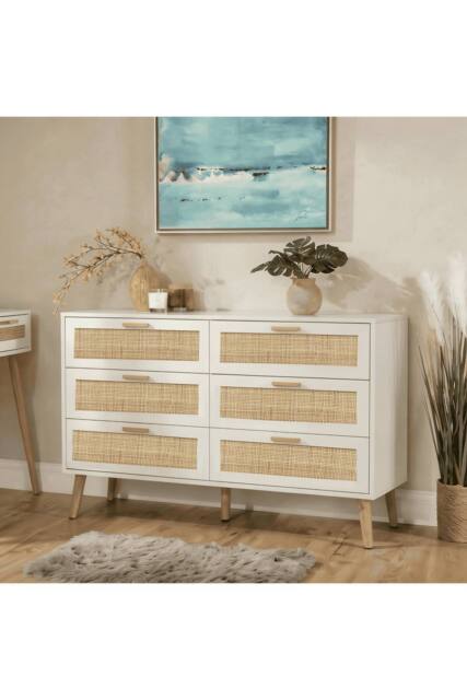 Home Source Chest of 6 Drawers Rattan Fronts & Solid Wooden Legs 120cm Wide in White - image 1