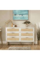 Home Source Chest of 6 Drawers Rattan Fronts & Solid Wooden Legs 120cm Wide in White - thumbnail 2
