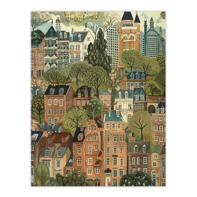 "Artery8 Townhouses in Trees Cityscape Painting Wall Art Print - Size: W12"" x H16""" - image 1