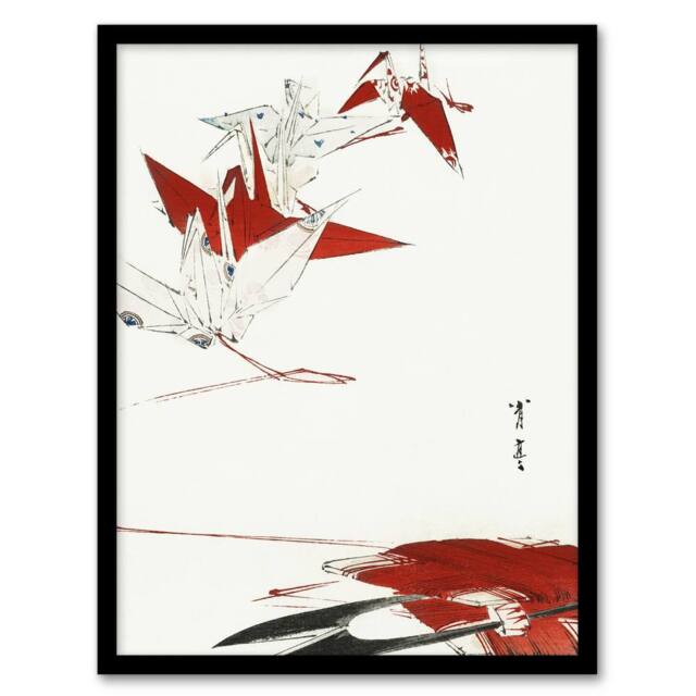 "Artery8 Bird Origami Crane Kachoga Vintage Japan Framed Wall Art Print Seitei in Red - Size: W12"" x H16""" - image 1