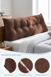 Storage Pocket Design Washable Headboard Wedge Pillow in Brown - Size: Large - thumbnail 2
