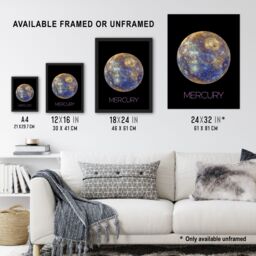 Artery8 Wall Art Print Nasa Explore Mercury Messenger Spacecraft Space Planet Hokusai Crater Blue Yellow Art Framed in Black - Size: A4 - thumbnail 3