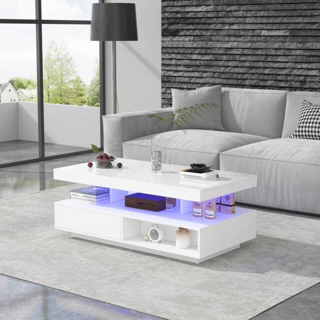 Merax Modern High Gloss LED Coffee Table, Centre Sofa Table with 2 Drawers in White - image 1