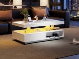 Merax Modern High Gloss LED Coffee Table, Centre Sofa Table with 2 Drawers in White - thumbnail 4