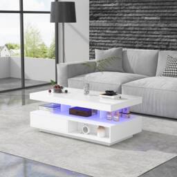 Merax Modern High Gloss LED Coffee Table, Centre Sofa Table with 2 Drawers in White