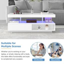 Merax Modern High Gloss LED Coffee Table, Centre Sofa Table with 2 Drawers in White - thumbnail 8
