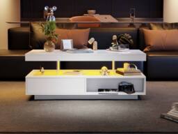 Merax Modern High Gloss LED Coffee Table, Centre Sofa Table with 2 Drawers in White - thumbnail 3