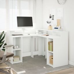 Berkfield Home Desk with LED Lights White 130x130x91 cm Engineered Wood - Size: 130 x 130 x 91 cm - thumbnail 4