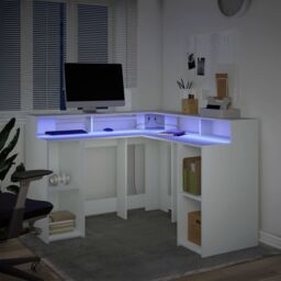 Berkfield Home Desk with LED Lights White 130x130x91 cm Engineered Wood - Size: 130 x 130 x 91 cm - thumbnail 5