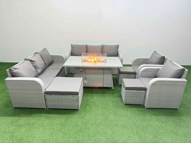 Fimous PE Rattan High Back Lounge Sofa Set Patio Firepit Dining Table & Chairs Set with 3 Seater Sofa Reclining Chair 3 Stools Light Grey - image 1