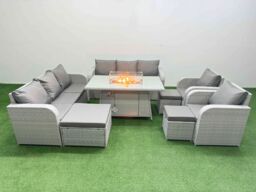Fimous PE Rattan High Back Lounge Sofa Set Patio Firepit Dining Table & Chairs Set with 3 Seater Sofa Reclining Chair 3 Stools Light Grey - thumbnail 2