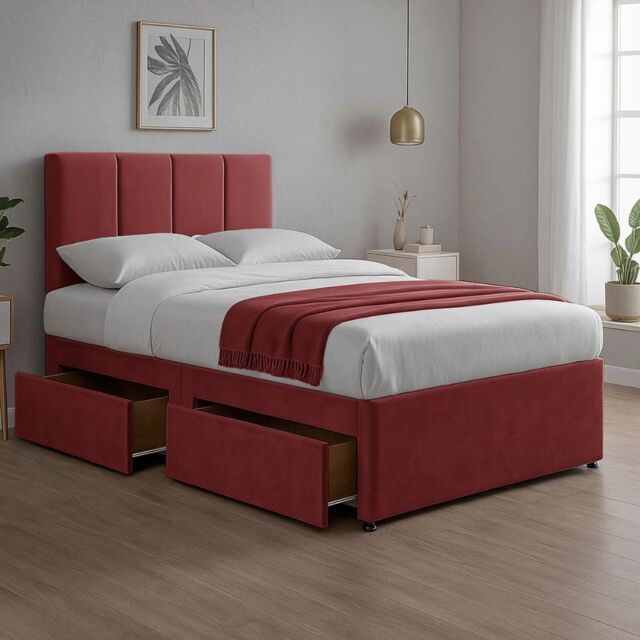 "Bed Time UK Plush Divan Bed with Mattress 20"" Vertical Line Headboard 2 Drawers in Red - Size: Double" - image 1