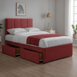 "Bed Time UK Plush Divan Bed with Mattress 20"" Vertical Line Headboard 2 Drawers in Red - Size: Double" - thumbnail 1